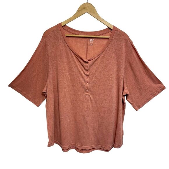 GAP Peach Short Sleeve Relaxed Linen Blend Henley T-Shirt, XXL - Picture 2 of 8